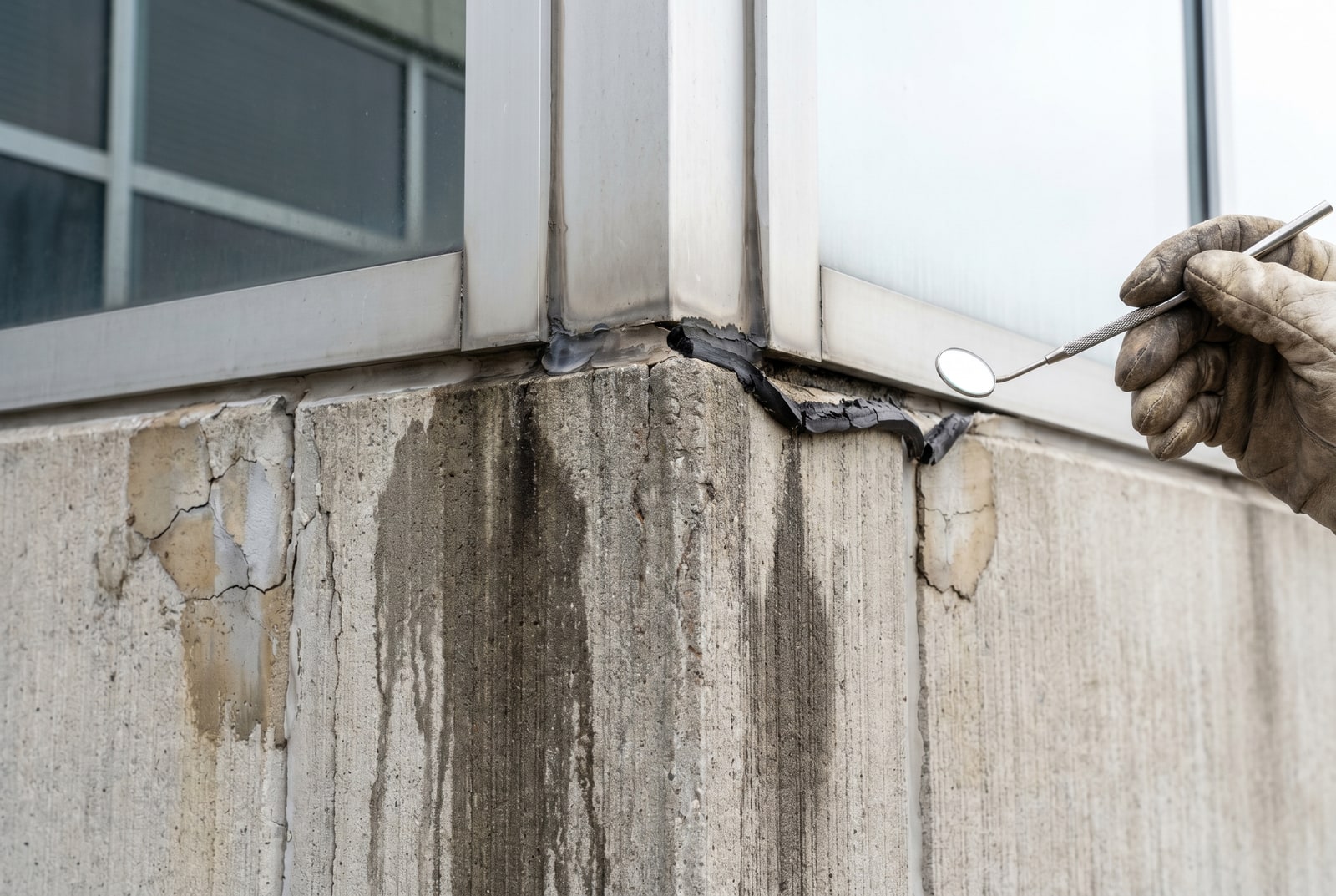 Failed sealant beadline at precast-to-window joint with moisture staining below