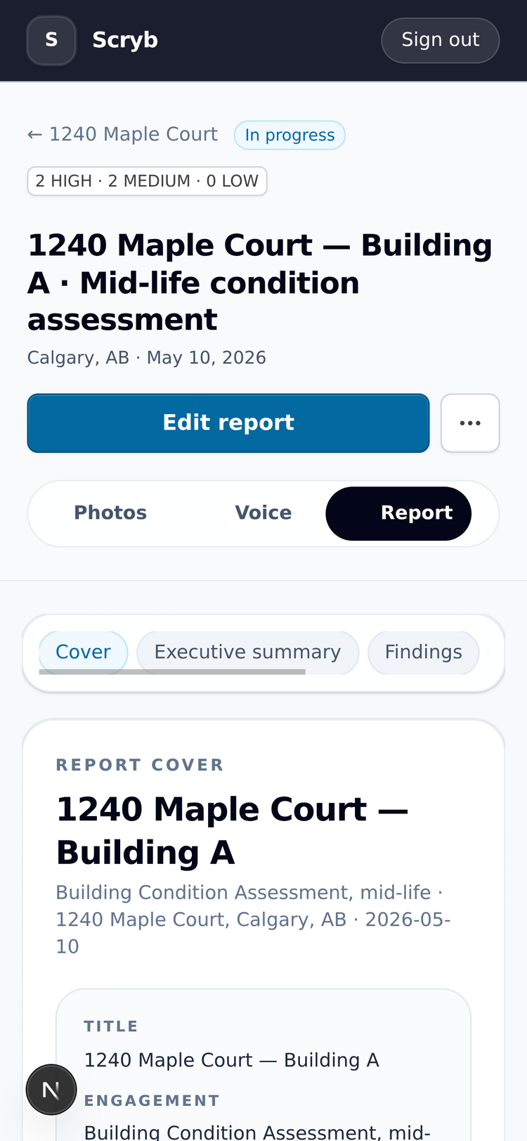 Scryb on iPhone — Building Condition Assessment report with photos, voice, and AI-drafted findings